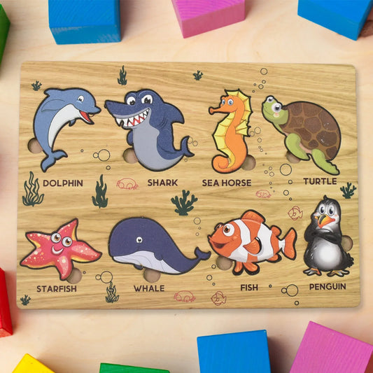 Seawater Animal Wooden Puzzle Learning Educational Board (1 Set) - Zidbik
