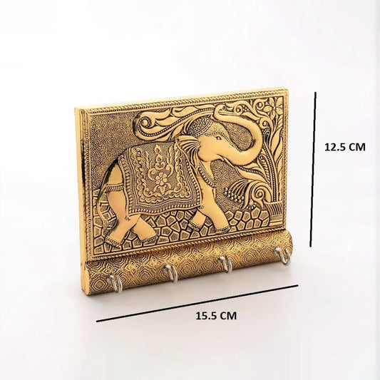 Wooden Key Holder For Home Decor Stylish Metal Gold Antique Elephant Design (1 Pc) - Zidbik