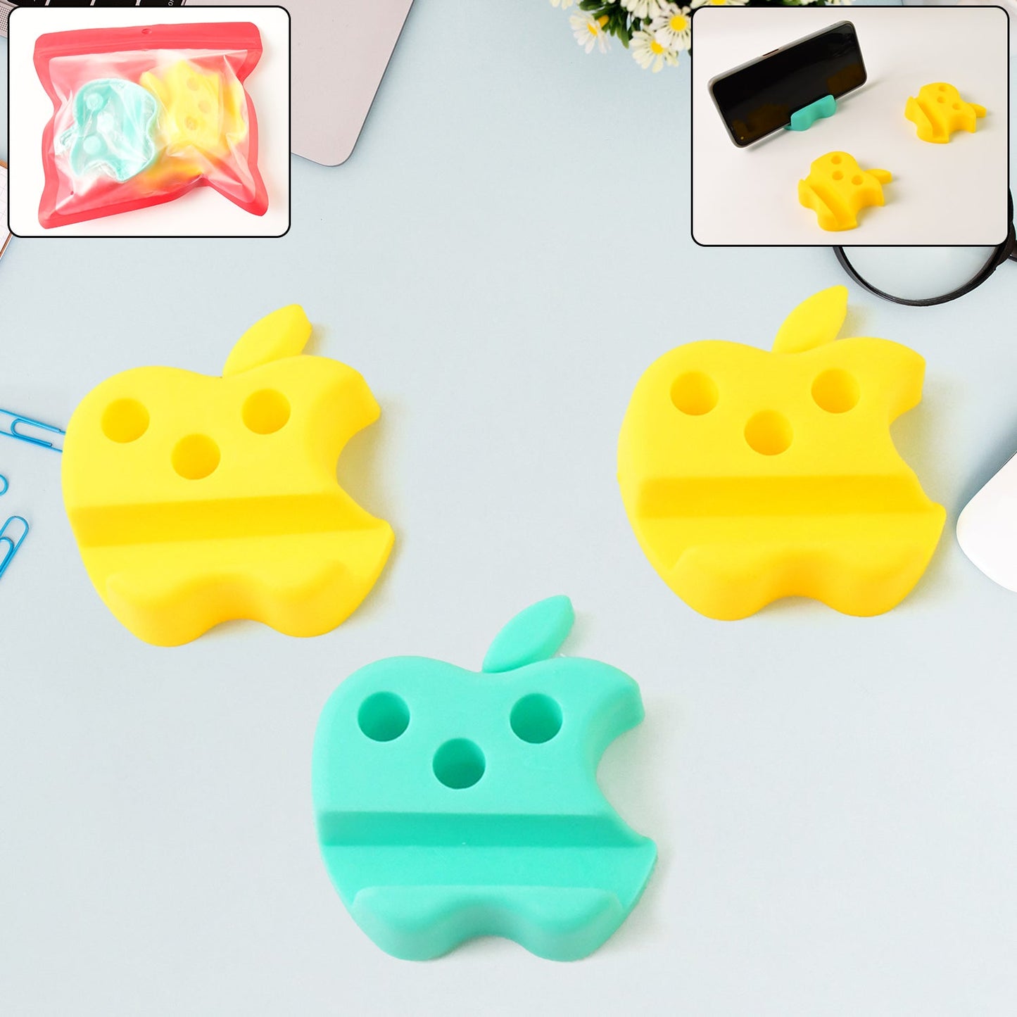 Multi-functional Apple-shaped Mobile Stand with Pen Holder - 3 Pc Mix Color Set - Zidbik