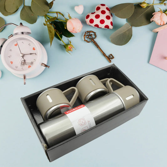 2834 Stainless Steel Vacuum Flask Set With 3 Steel Cups Combo For Coffee Hot Drink And Cold Water Flask Ideal Gifting Travel Friendly Latest Flask Bottle. (500ml) - Zidbik
