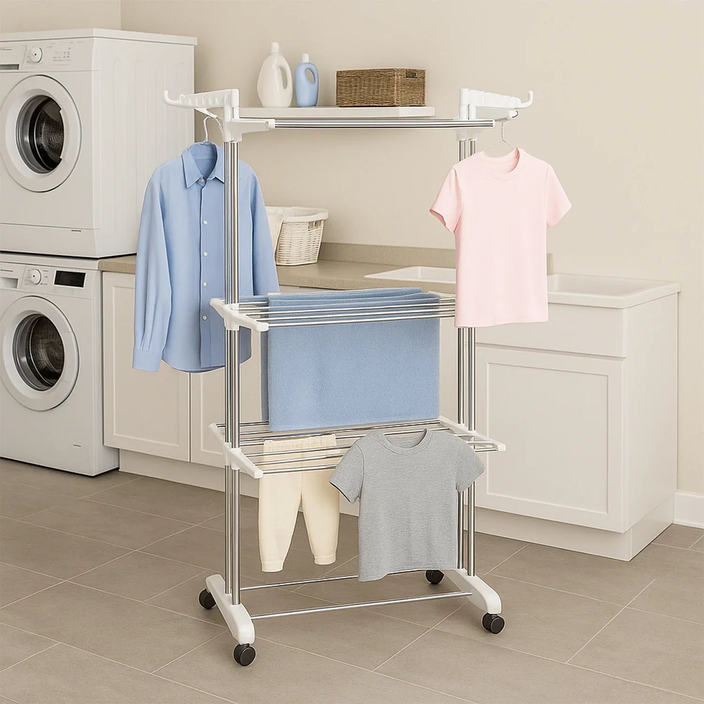 3-tier Foldable Stainless Steel Cloth Drying Stand With Wheels - Zidbik