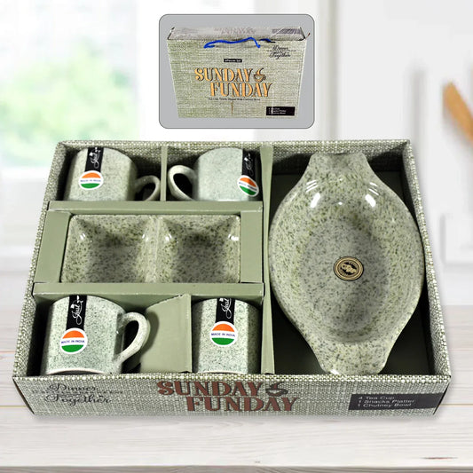 8240 Sunday Funday Ceramic Tea Cups Mug With Plastic Snacks Platter And 2 Compartment Chutney Bowl Milk Cup Coffee Cup Breakfast Cup Drinking Mug Or Outdoor For Household Gift For Birthday Wedding Party (6 Pcs Set) - Zidbik