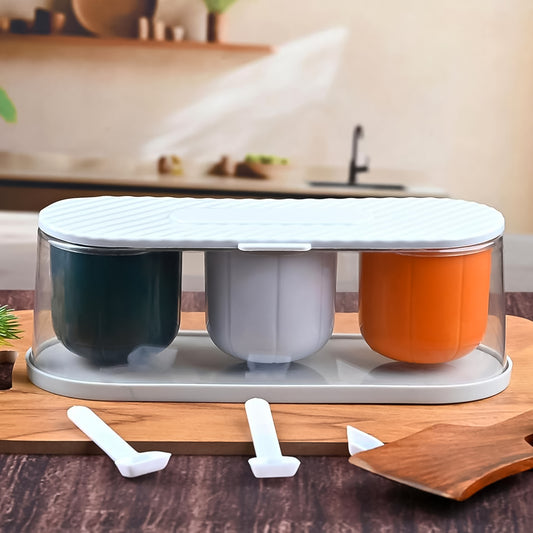 Home Kitchen 3 Grid Seasoning Spice Masala Box Kit With Spoon (Multicolor 1 Set) - Zidbik