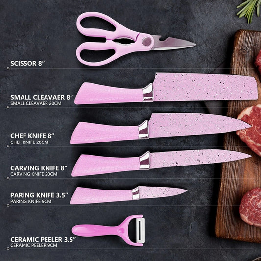 Stainless Steel Non Stick Ceramic Coating 6 Pcs Chef Kitchen Knife Set With Scissor Peeler - Zidbik