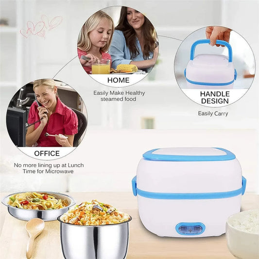 Electric Lunch Box 3 In 1 Food Heater Cooker Steamer With Stainless Steel Bowls (1 Set) - Zidbik