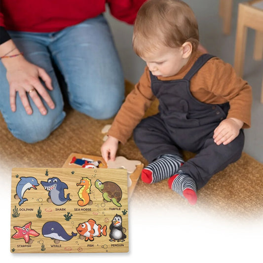 Seawater Animal Wooden Puzzle Learning Educational Board (1 Set) - Zidbik