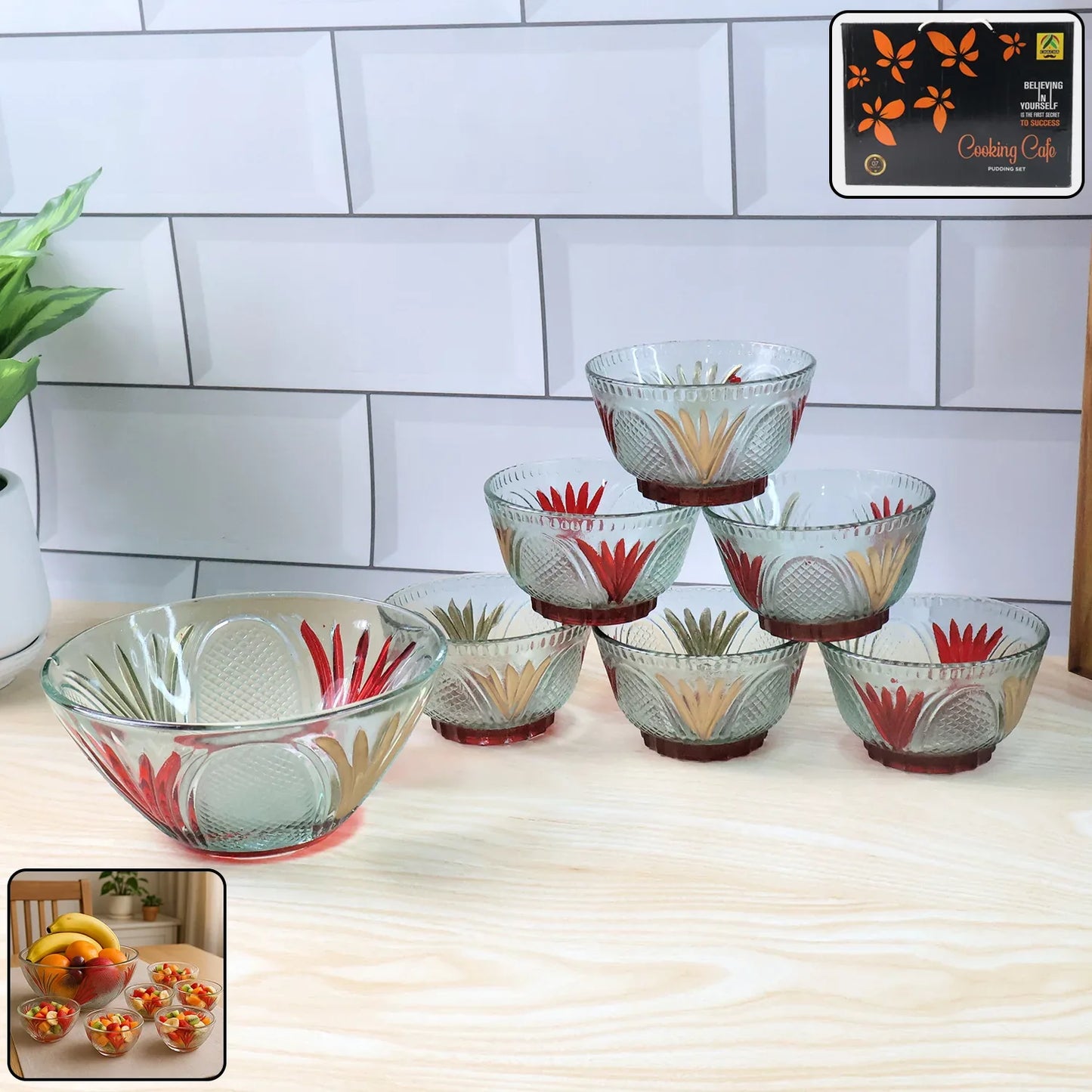 8234 Rose Glass Multipurpose Pudding Dessert Ice Cream Bowl Set For Home Use Home Kitchen Serving Bowl For Sundae Sweets Snacks Fruit Pudding Nuts Or Dip Serving Bowls 6 Medium 1 Big Bowl (Set Of 7 Pc) - Zidbik