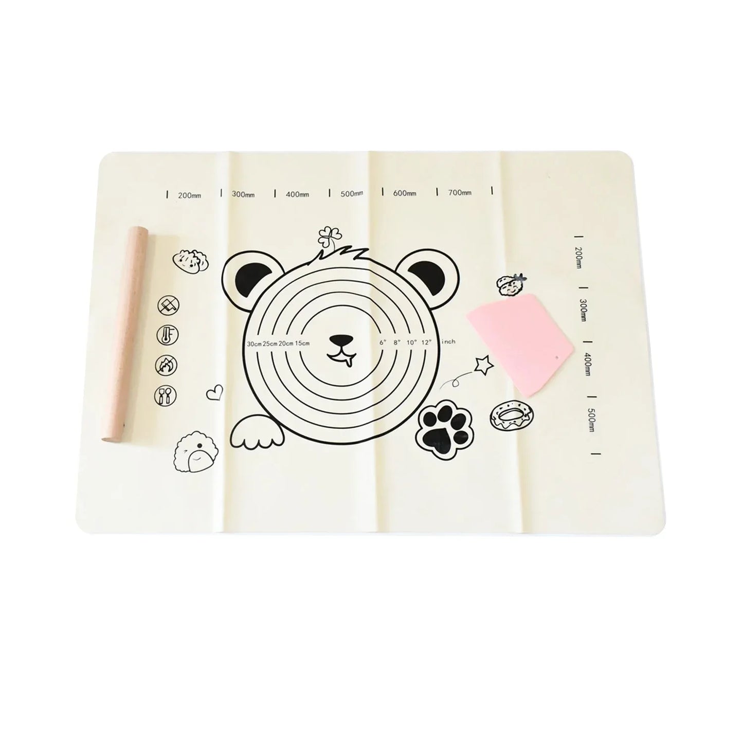 3 In 1 Low Silicone Baking Mat With Wooden Belan Cake Scraper (3 Pcs Set 7050 Cm) - Zidbik
