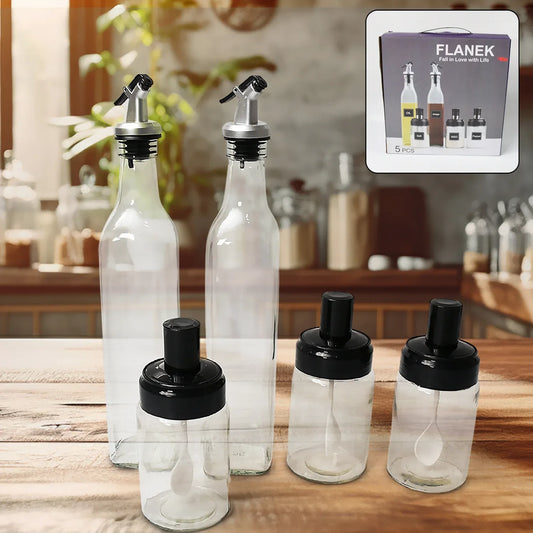 10011 Transparent Glassoil Dispenser 500 Ml Bottle Set Of 2 Spice Jar 250 Ml Set Of 3 Oil Bottle For Kitchen Oil Vinegar Storage Glass Bottle Glass Container For Spice Masala (5 Pcs Set) - Zidbik