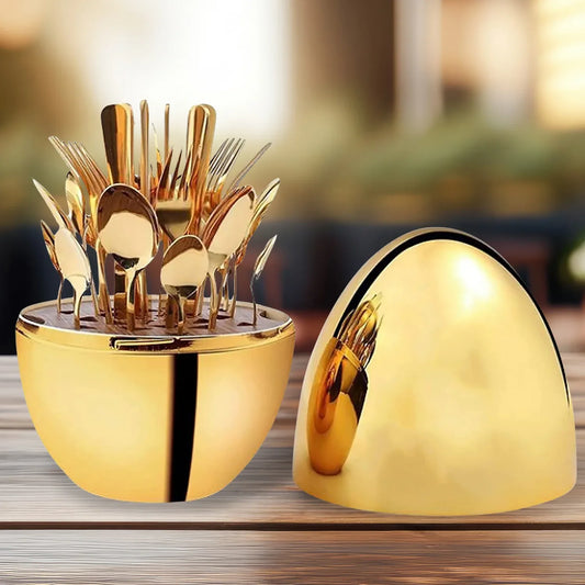 10010 Premium Cutlery Set 24 Pcs With Oval Shaped Stand Beautiful Stylish Oval Designed Cutlery Sets Egg-shaped Luxury Spoon Holder Set (Golden 24 Pcs Set) - Zidbik
