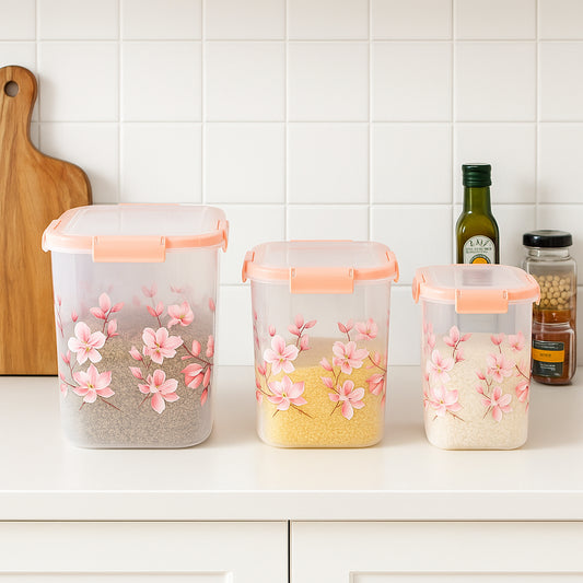 Square 3 Pcs Floral Printed Airtight Storage Container Set Approx 2.8 Ltr 4.5 Ltr 6.9 Ltr (3 Pcs Set) - Zidbik