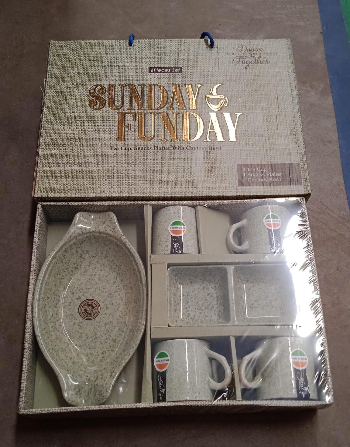 8240 Sunday Funday Ceramic Tea Cups Mug With Plastic Snacks Platter And 2 Compartment Chutney Bowl Milk Cup Coffee Cup Breakfast Cup Drinking Mug Or Outdoor For Household Gift For Birthday Wedding Party (6 Pcs Set) - Zidbik