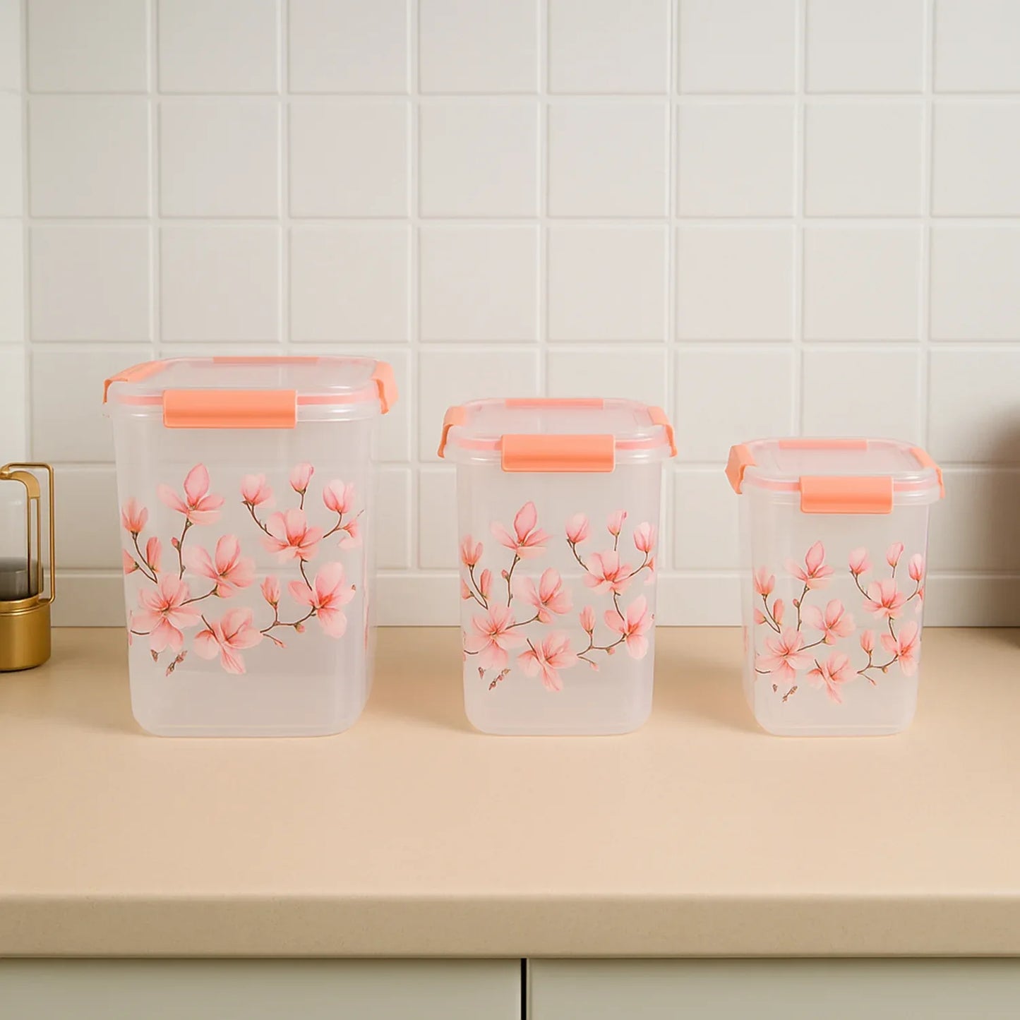Square 3 Pcs Floral Printed Airtight Storage Container Set Approx 2.8 Ltr 4.5 Ltr 6.9 Ltr (3 Pcs Set) - Zidbik