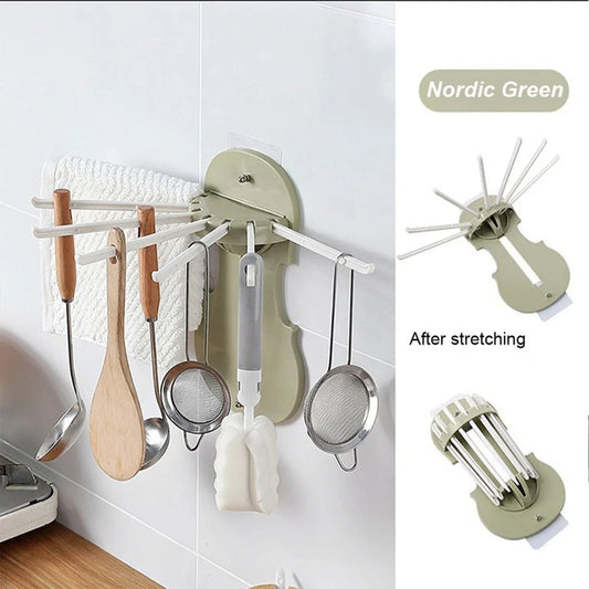 7728 Plastic 7-in-1 Multifunction Retractable Wall-mounted Pull-out Hanger Rack Without Punching Hooks Up For Kitchen Bathroom - Zidbik