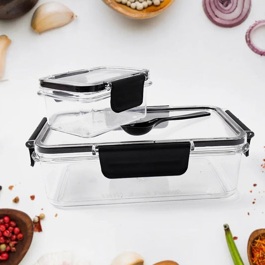 Plastic Kitchen Storage Container Big 800 Ml Small 250 Ml With Air Seal Lock Lid Spoon - Zidbik
