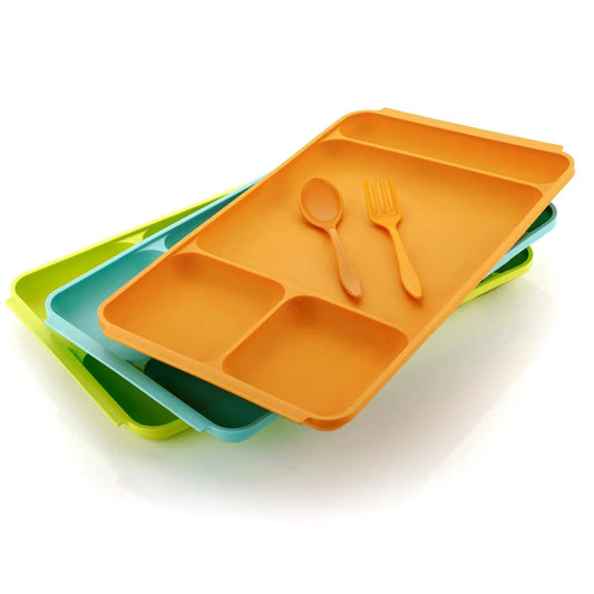 2037 4compartment Dish With Spoon And Fork(1 Dish Set With 1spoon And 1fork) Dinner Plate Plastic Compartment Plate Pav Bhaji Plate 4-compartments Divided Plastic Food Plate. - Zidbik