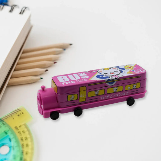 4672 Double Decker Magic Bus Compass 2 Layer Metal Bus Compass Pencil Case With Movable Wheels Sharpener Bus Shape With Tiers Metal Pencil Box For Kids Birthday Party - Zidbik