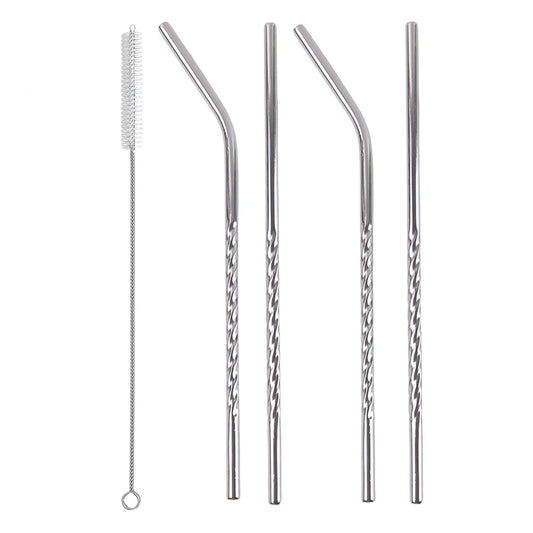 579 Set Of 4 Stainless Steel Straws Brush (2 Straight Straws 2 Bent Straws 1 Brush) - Zidbik