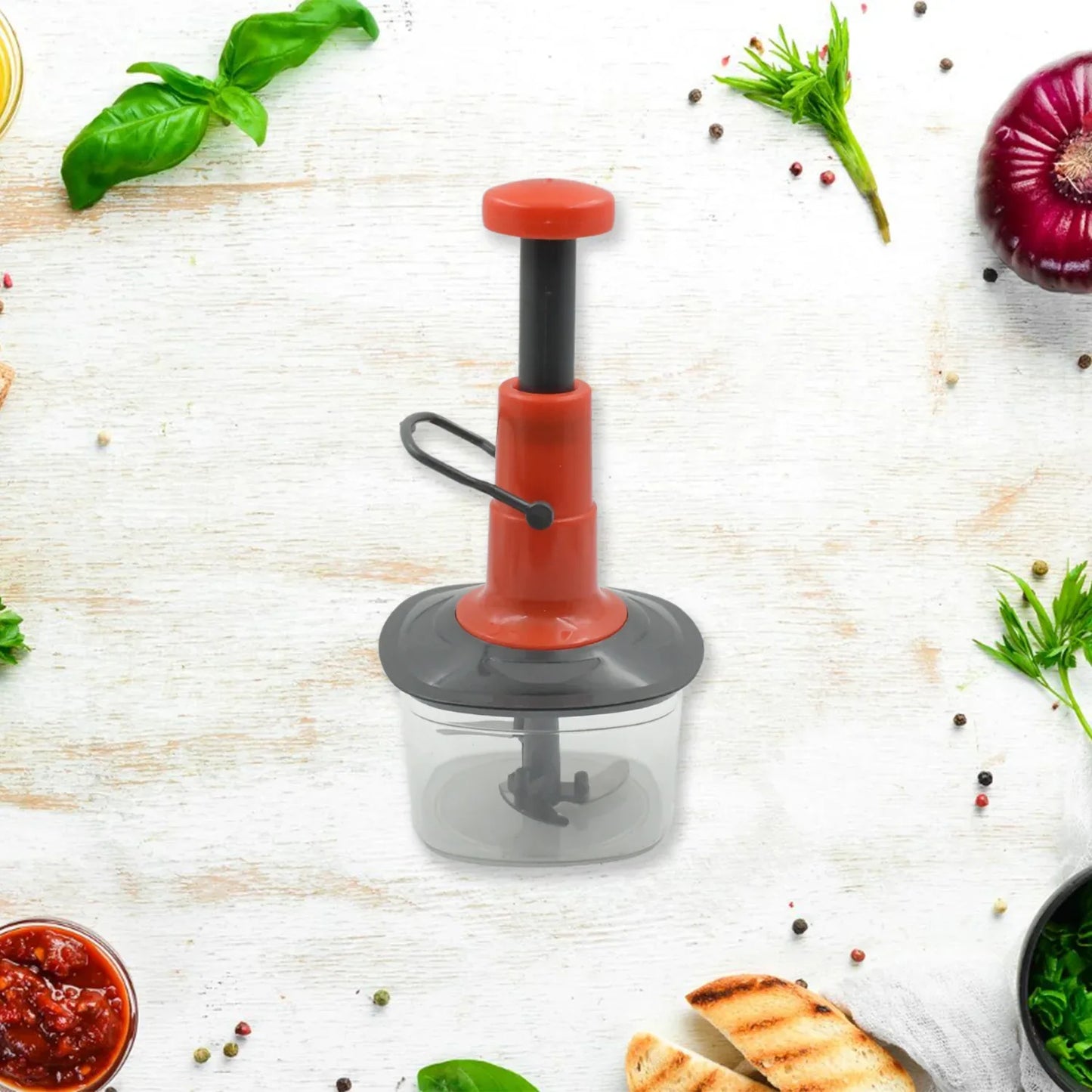 5790 Manual Press Fruit Vegetable Chopper With 3 Stainless Steel Blades Anti-slip Base And Locking System Cutting Chopper For Kitchen (650 Ml) - Zidbik