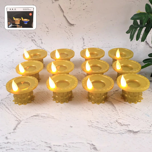 Set Of 12 Water Sensor Led Golden Diyas - Zidbik