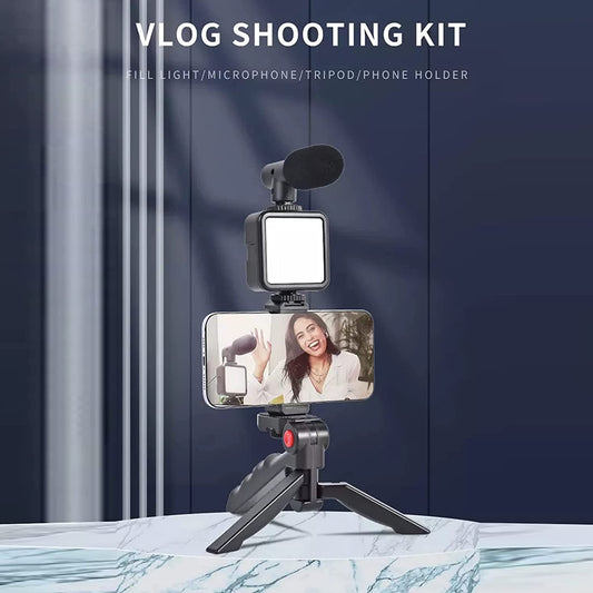 6054 Vlogging Kit For Video Making With Mic Mini Tripod Stand Led Light Phone Holder Clip For Making Videos - Zidbik