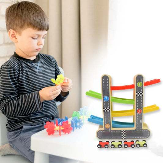 Wooden Ramp Racer Race Track Vehicle Play Sets With 4 Mini Racers (With Handle) - Zidbik