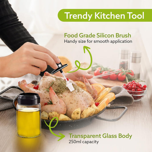 Clear Glass Oil Dispenser Bottle With Integrated Silicone Basting Brush (250ml Approx) - Zidbik