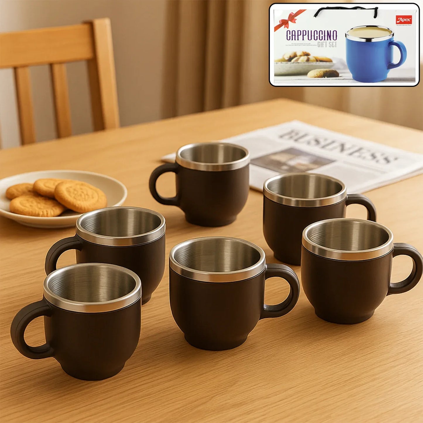 Apex Premium Double Wall Stainless Steel Cappuccino Mug Gift Set (6 Pc 100 Ml) - Zidbik