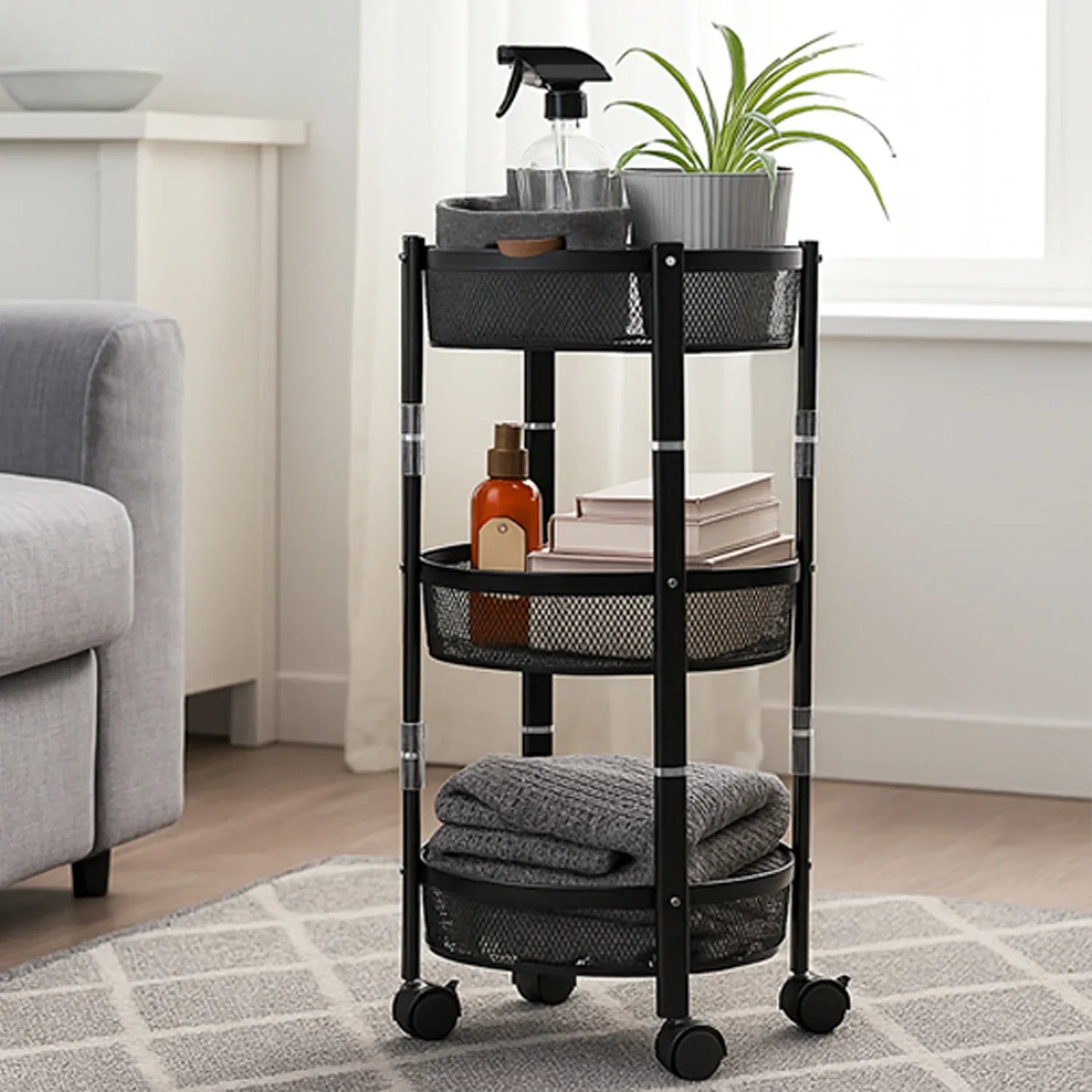 3-layer Round Metal Mesh Utility Storage Trolley With Wheels - Zidbik