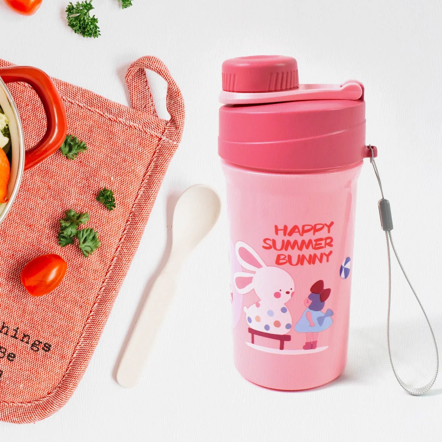 Plastic Lunch Box Leak Proof 2 Compartment With Bottle And Fork (1 Set Mix Color) - Zidbik