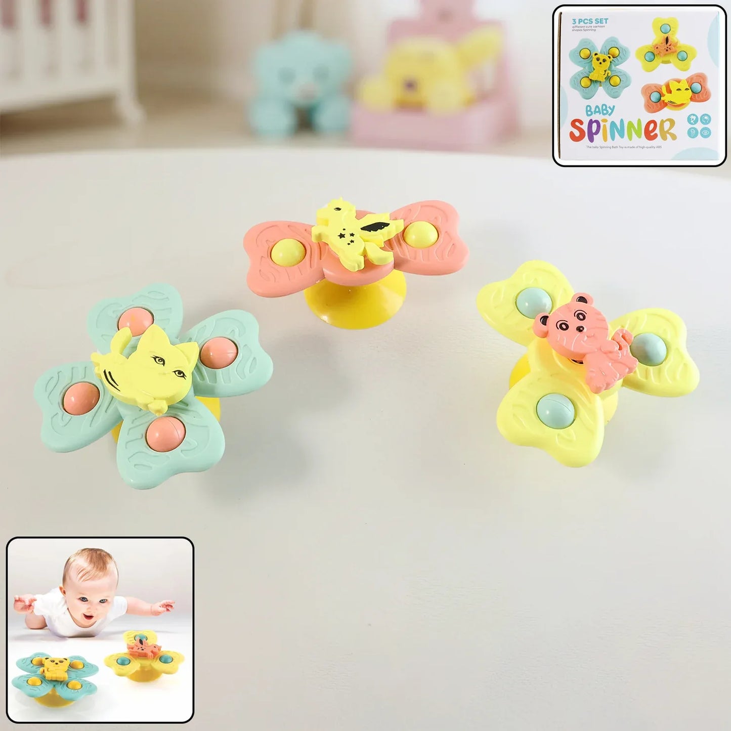 Buzzy Baby Spinner Toy Set Suction Cup Spinning Toys (3 Pc Set) - Zidbik