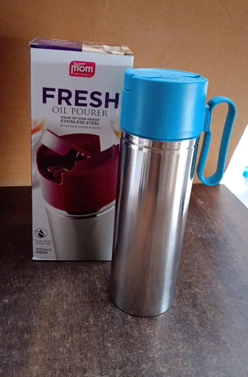 Stainless Steel Fresh Oil Pourer Bottle With Flip Lid And Handle Approx 1000ml (1 Pc) - Zidbik