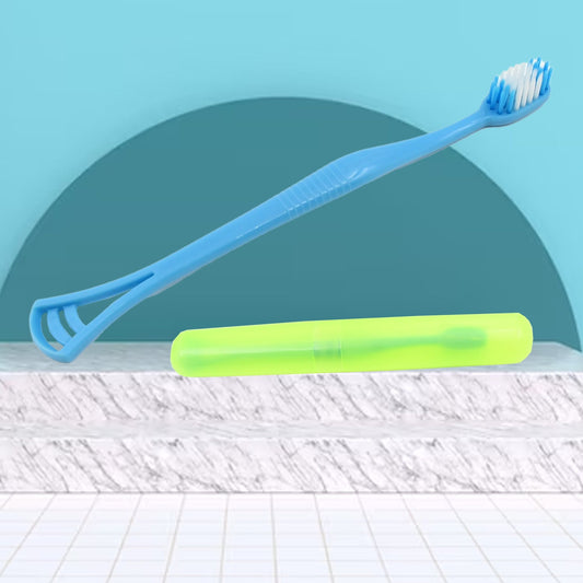 12721 2 In 1 Soft Toothbrush And Tongue With Toothbrush Cover Cleaner Scraper For Men And Women Kids Adults Plastic Toothbrush Cover Case Holder (1 Pc) - Zidbik