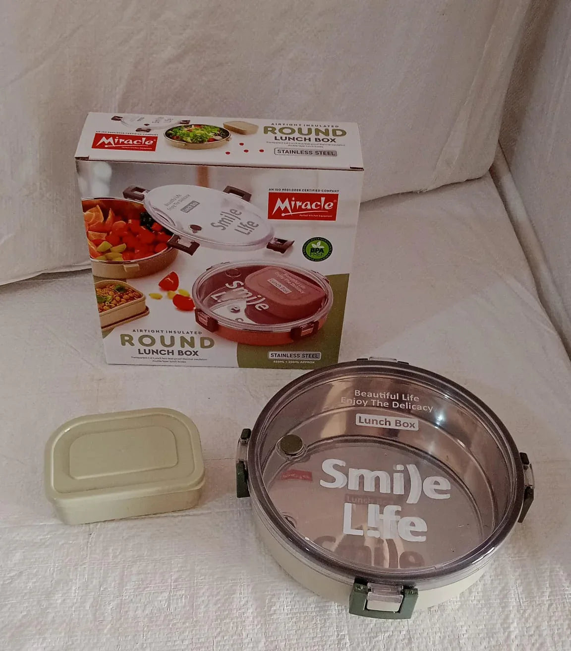 5584 Miracle Stainless Steel Round Lunch Box with Leak-Proof Lid & Plastic Insert – 450ML + 250ML - Zidbik