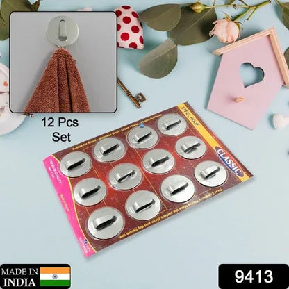 9413 Multipurpose Steel Wall Hanging Hook 12 Pc Self Adhesive Wall Hanging Hooks Sticker Hook Suitable For Wall Paper Calender Bathroom Tiles Kitchen Key Hange And Etc Hook 12 (Pack Of 12) - Zidbik