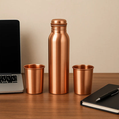 Copper Water Bottle 2 Glasses With Gift Box (3 Pcs Set) - Zidbik
