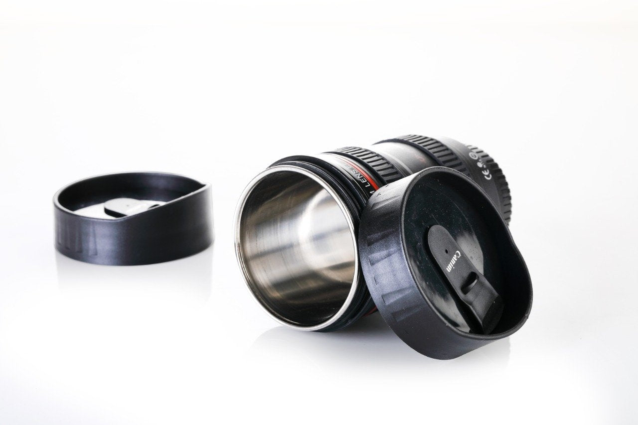 0720 Camera Lens Shaped Coffee Mug Flask With Lid - Zidbik