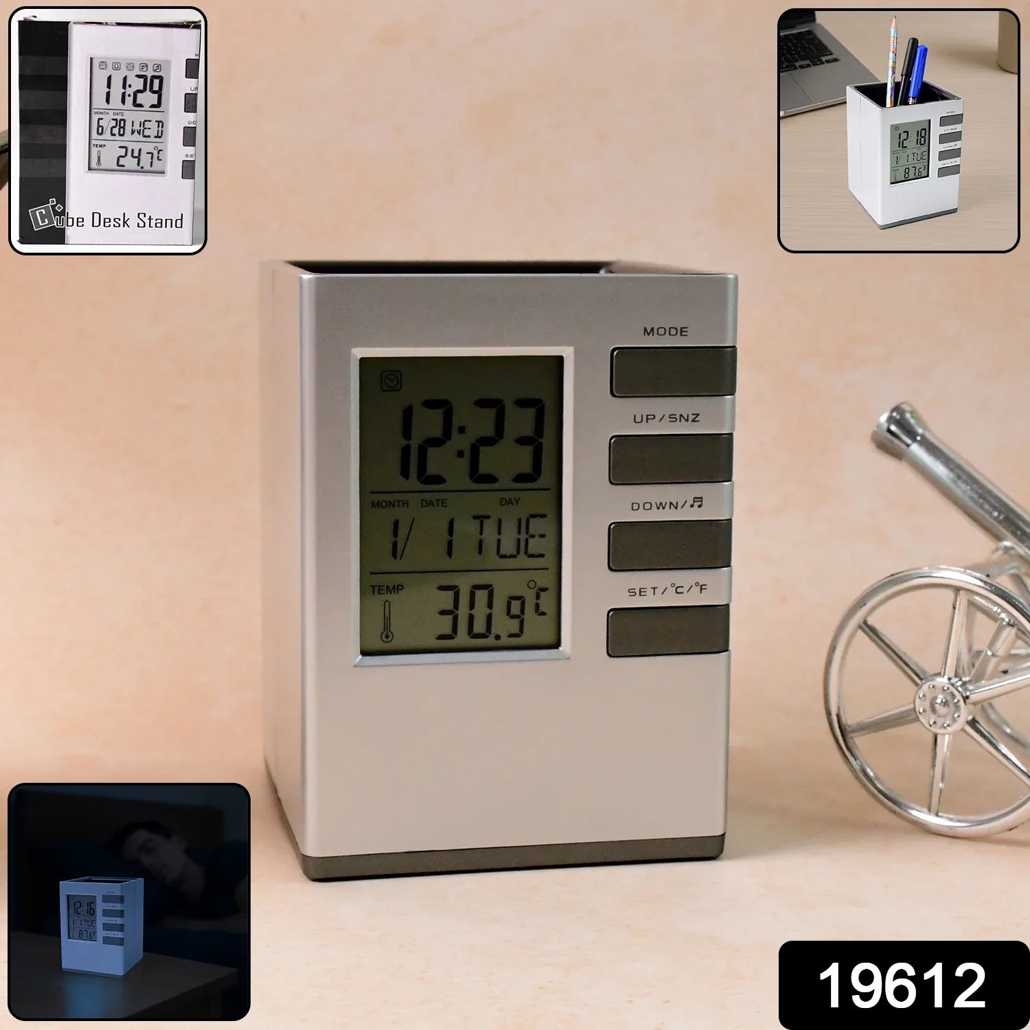 Multifunction Cube Digital Desk Clock With Pen Holder (1 Pc) - Zidbik