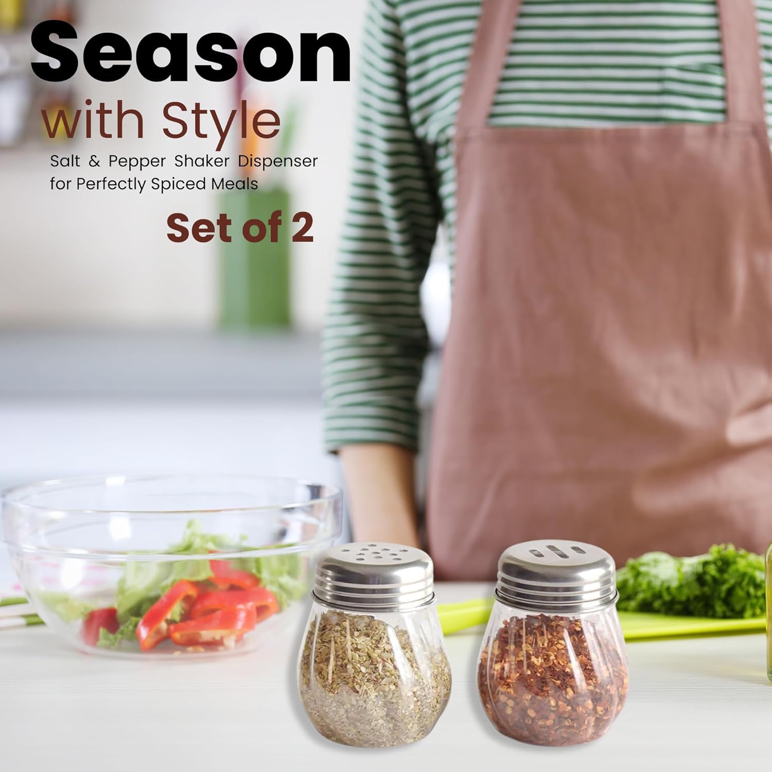 Apex Oregano  Chilli Flakes Dispenser Set  2 Pcs Glass Spice Shaker With Stainless Steel Lid - Zidbik