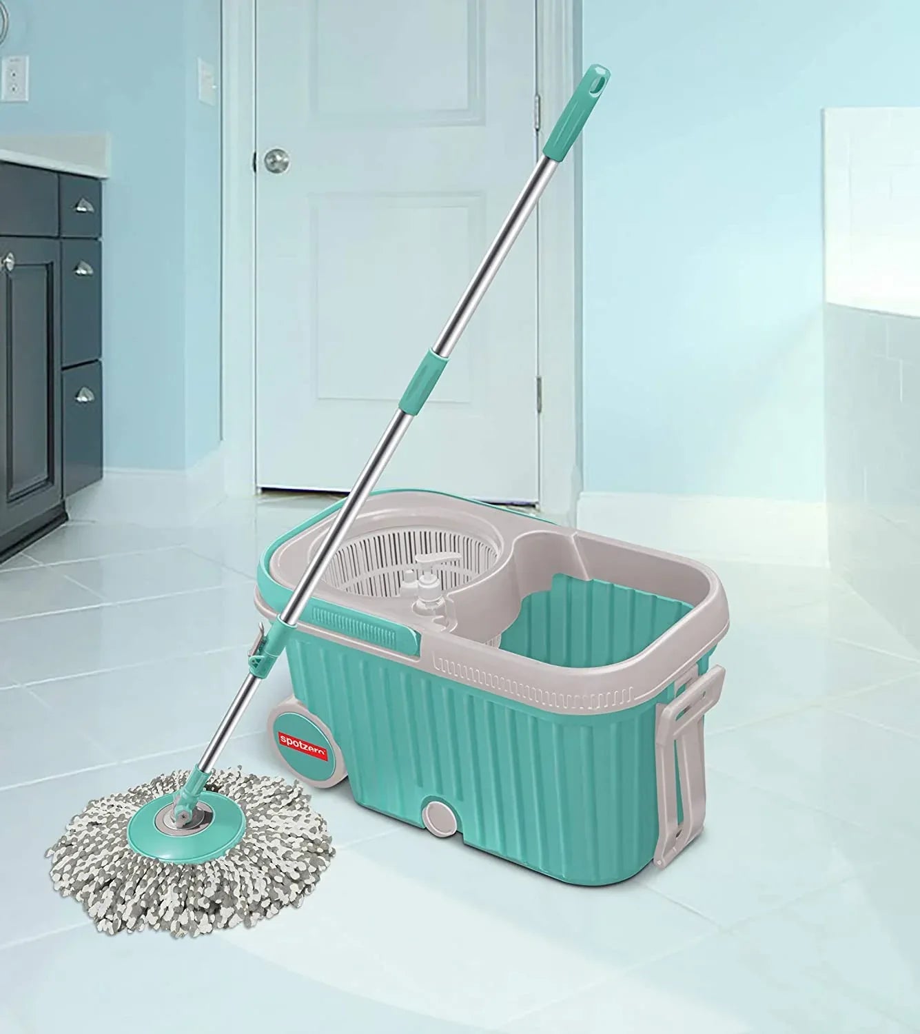 8703 Spin Mop With Bigger Wheels And Plastic Auto Fold Handle For 360 Degree Cleaning - Zidbik