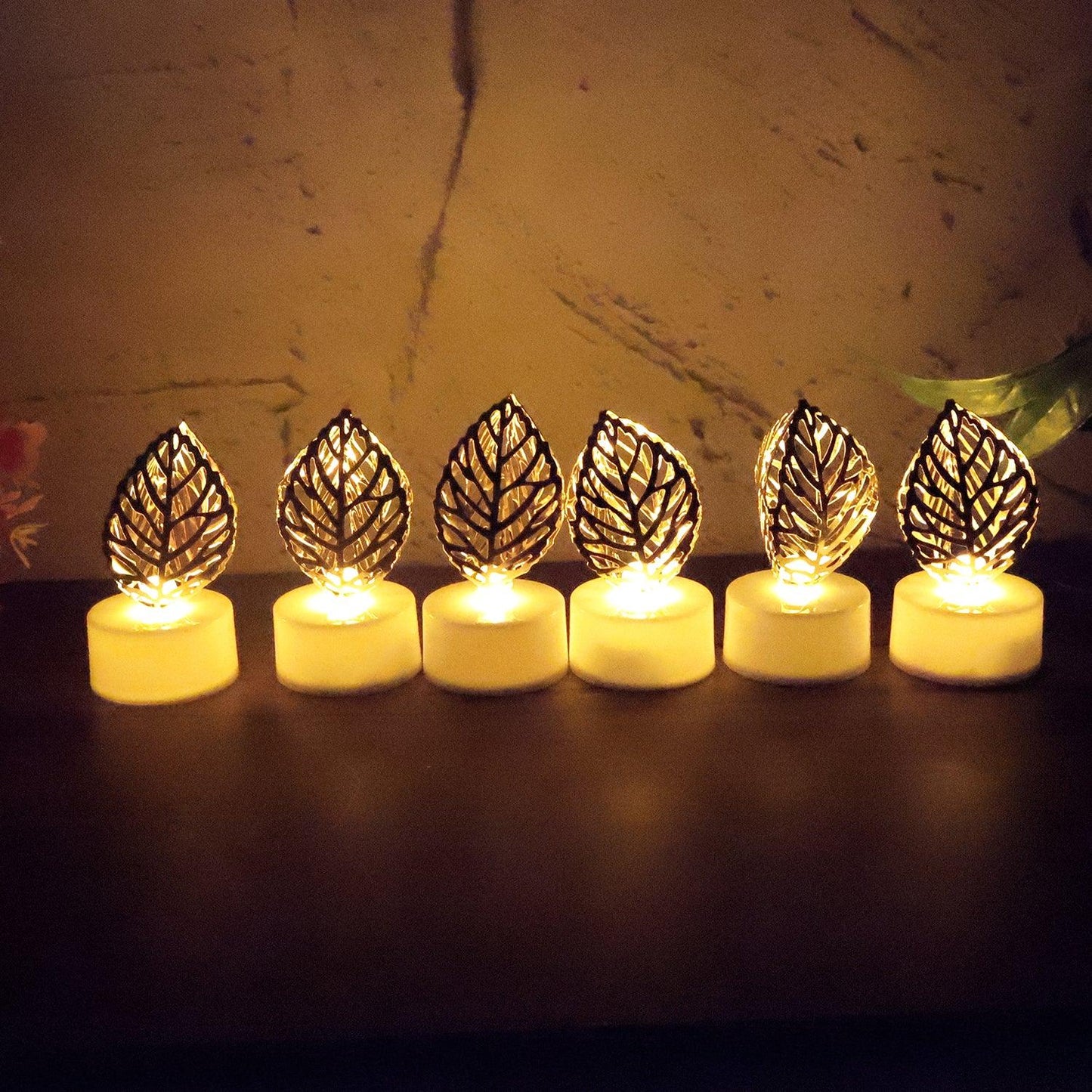 Decorative Golden Leaf Shaped Flameless Led Candles (12 Pc) - Zidbik