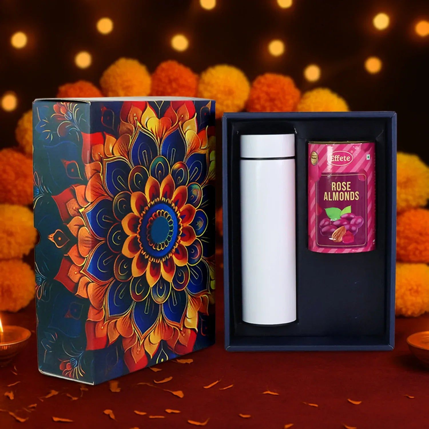 Effete Rose Almonds Gift Hamper Golden With Bottle (2 Pc Set) - Zidbik