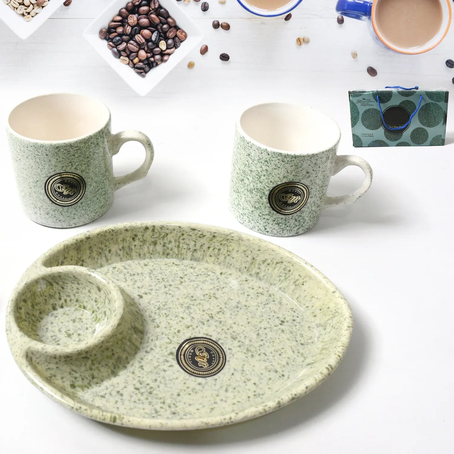 8227 Alpino Ceramic Tea Cups Set With Plastic Serving 2 Compartment Platter Milk Cup Mug Coffee Cup Tea Cup Bpa Free Food Grade Or Outdoor For Household Gift For Birthday (3 Pcs Set) - Zidbik