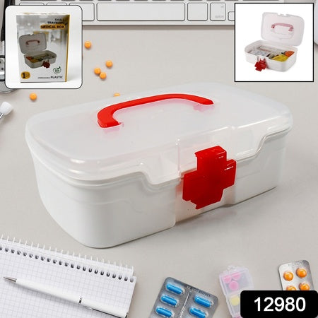 12980 3 Compartment Medical Box 1 Piece Indoor Outdoor Medical Utility Medicine Storage Box Detachable Tray Medical Box Multi Purpose Regular Medicine First Aid Box With Handle Transparent Lid  Color Box - Zidbik