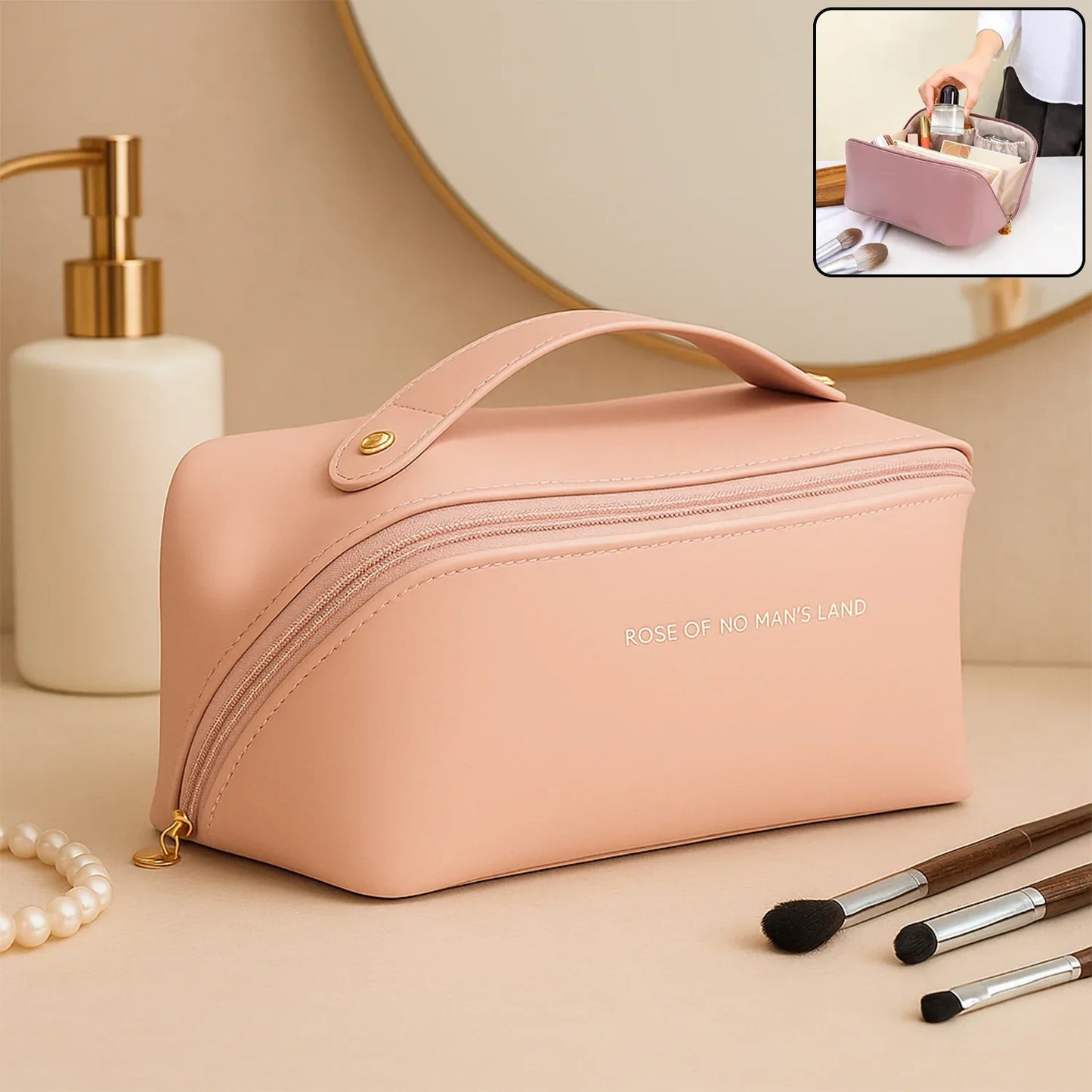 Premium Peach Travel Makeup Toiletry Organizer Pouch With Zipper Handle (1 Pc) - Zidbik