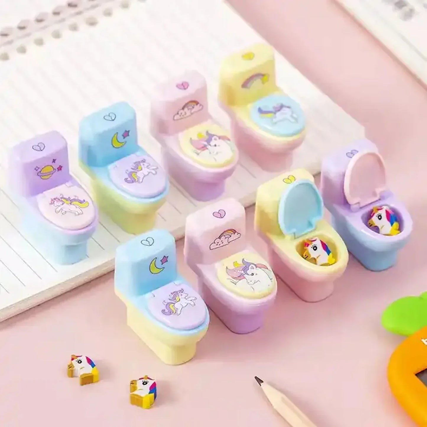 4556 Toilet Pencil Sharpener Plastic Pencil Sharpener Novelty Pencil Sharpener Cute Cartoon Stationery Gift Small Toilet Shaped Sharpener With Eraser Wheel For School Kids (2 Pc Set) - Zidbik