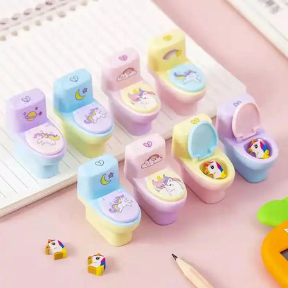 4556 Toilet Pencil Sharpener Plastic Pencil Sharpener Novelty Pencil Sharpener Cute Cartoon Stationery Gift Small Toilet Shaped Sharpener With Eraser Wheel For School Kids (2 Pc Set) - Zidbik