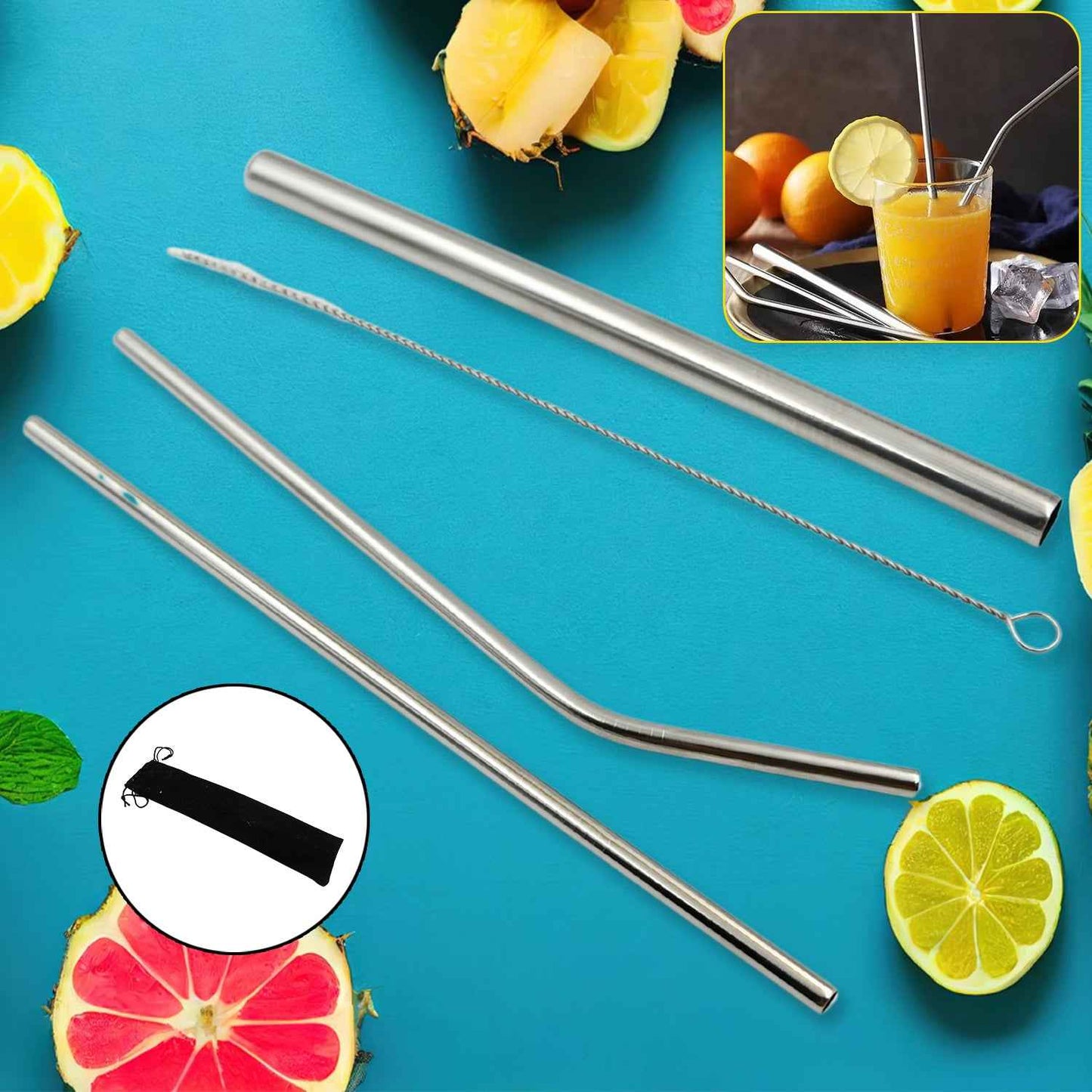 0600 Reusable Stainless Steel Straws With Travel Case Cleaning Brush Eco Friendly Extra Long Metal Straws Drinking Set Of 4 (2 Straight Straws 1 Bent Straws 1 Brush) - Zidbik