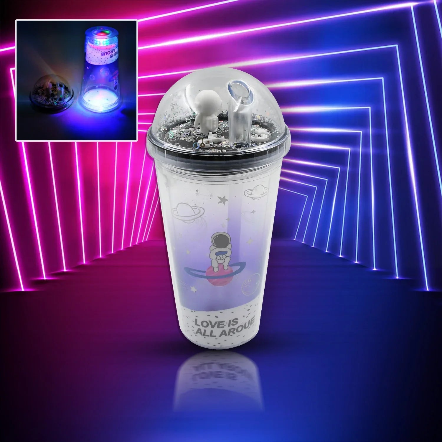 6883b Led Glow Light Design Printed Insulated Double Wall Plastic Tumbler Cups With Straws 13oz Theming Astronaut In Space Travel Tumbler Freezer Mug Drinking Cups For Boys And Girls Schooltuitiongym Picnic (Pack Of 1) - Zidbik