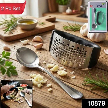 Heavy-duty Garlic Press Tool With Spoon Set (2 Pc Set) - Zidbik